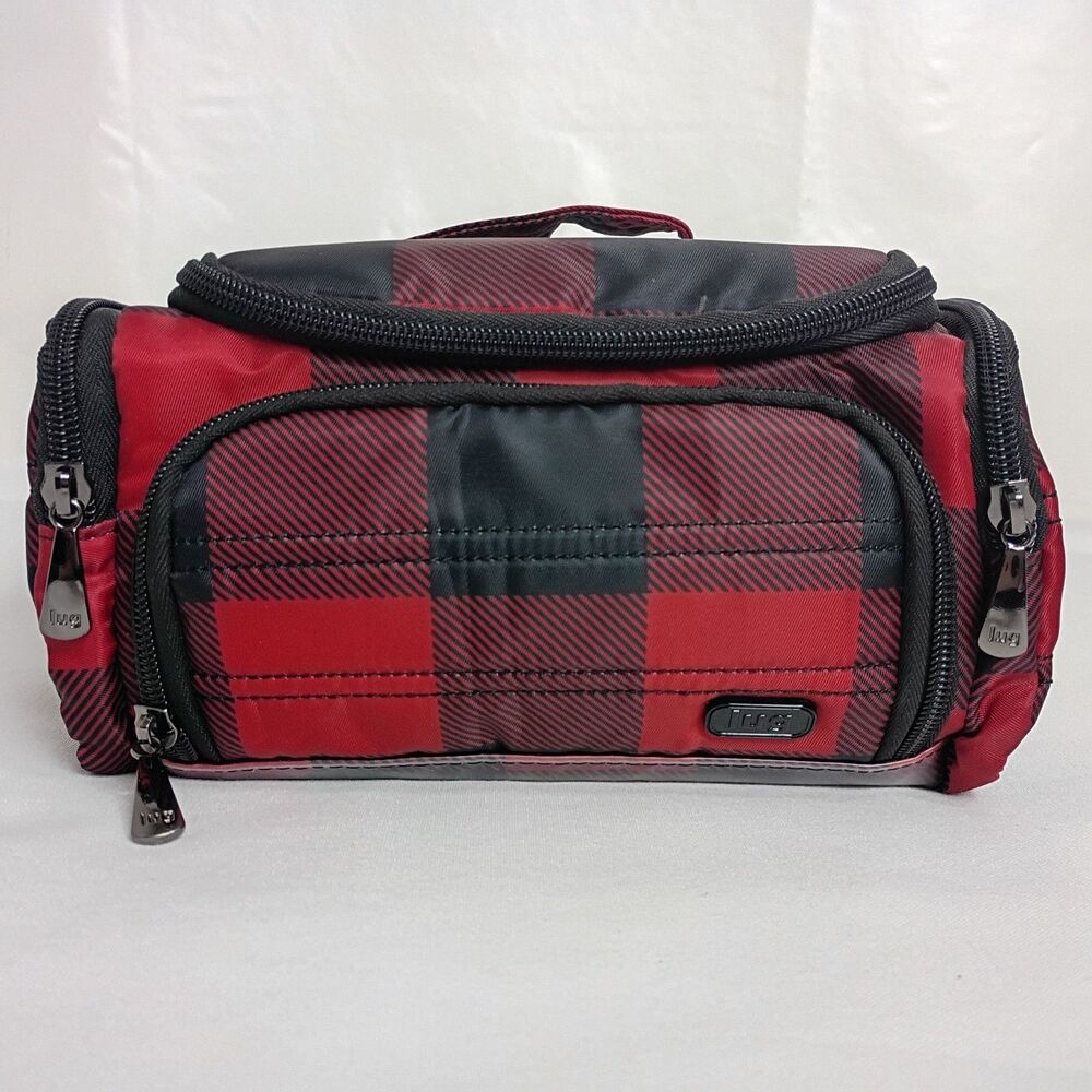 Lug Mini Trolley Makeup Bag Red Black Plaid Zipper Handle Pockets Polyester 10x5
